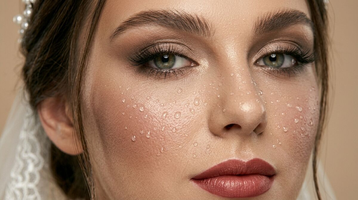 Primer plano de una novia con piel blindada, mirada ahumada y labios en tono rosado