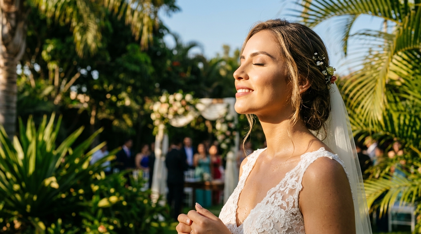 Novia con maquillaje resistente al calor en evento al aire libre en Lima