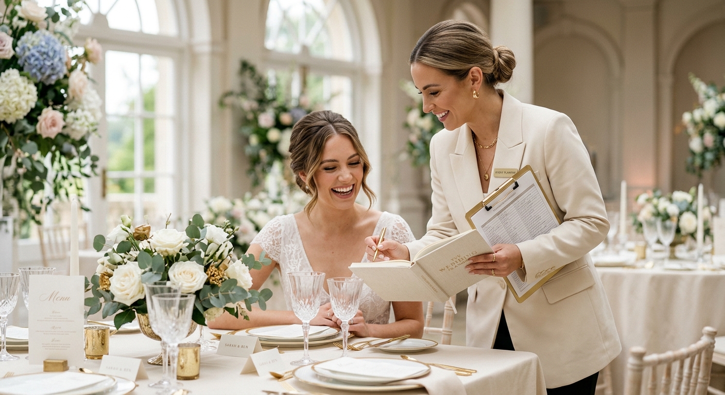 Wedding planner coordinando con novia en venue de boda